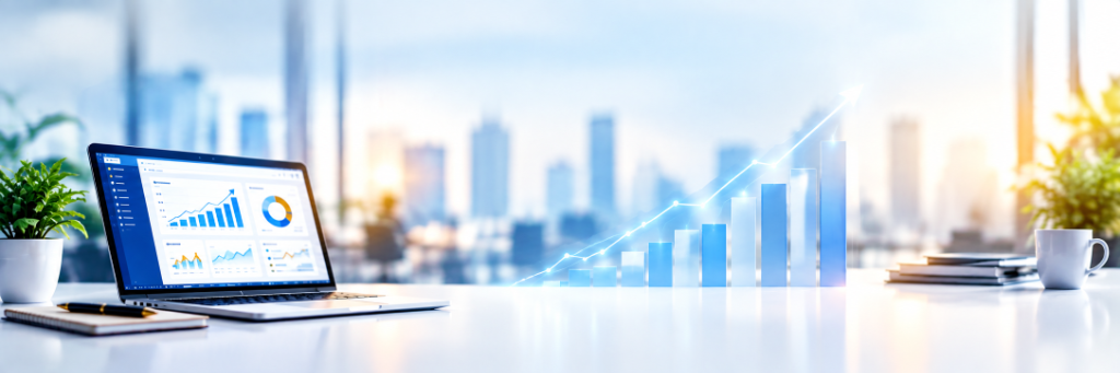 Business growth analytics and laptop dashboard